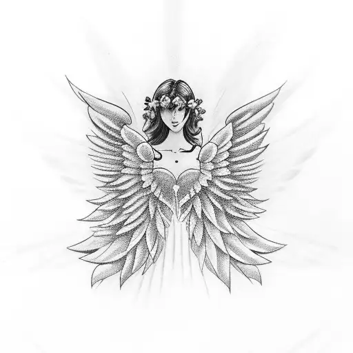 angel wing, one wing with flower outline mom in between the wings and halo above tattoo design idea