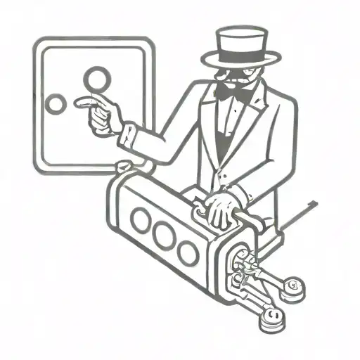 monopoly man on top of a slot machine halfway around his body, manipulating the machine with lines on his fingers tattoo design idea