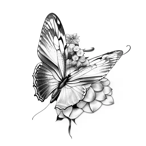 half butterfly wing, half hydrangeas tattoo design idea