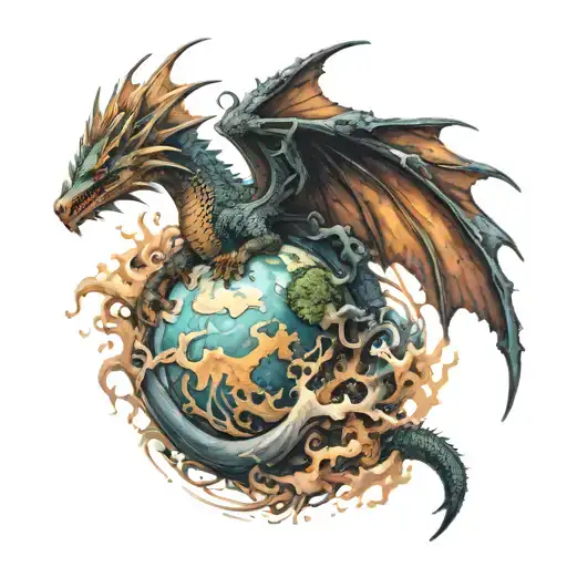 world split in half with dragon flying around it carrying a human baby on each wing  tattoo design idea