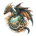 world split in half with dragon flying around it carrying a human baby on each wing  tattoo design idea