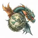 world split in half with dragon flying around it carrying a human baby on each wing  tattoo design idea