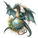 world split in half with dragon flying around it carrying a human baby on each wing  tattoo design idea