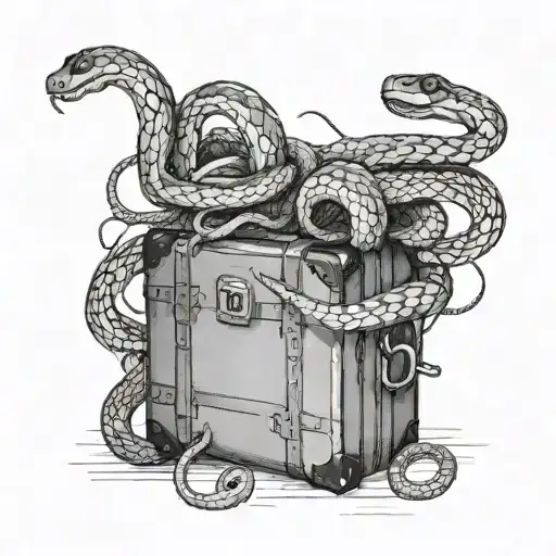 The suitcase is standing sideways, five snakes are swarming out of the zipper, trying to break out. The sketch is only o tattoo design idea