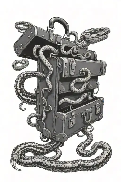 The suitcase stands clearly sideways. Five snakes are crawling out of the zipper of this suitcase, trying to escape.  tattoo design idea