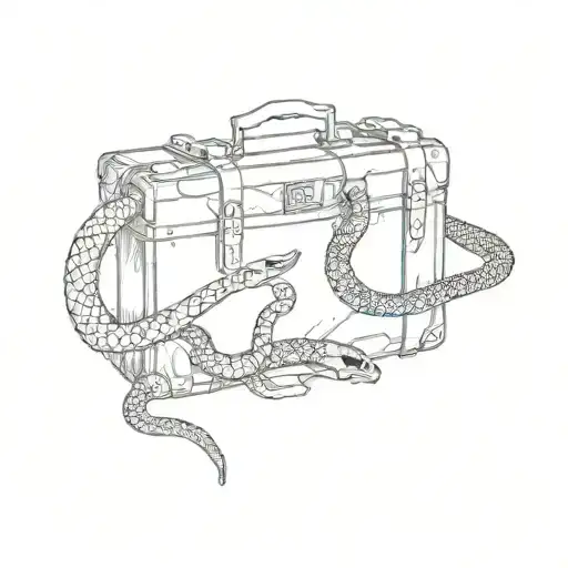 The suitcase is standing sideways, five snakes are swarming out of the zipper, trying to break out. The sketch is only o tattoo design idea