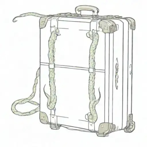 The suitcase is standing sideways, five snakes are swarming out of the zipper, trying to break out. The sketch is only o tattoo design idea