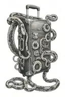 The suitcase stands clearly sideways. Five snakes are crawling out of the zipper of this suitcase, trying to escape.  tattoo design idea