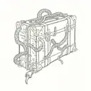 The suitcase is standing sideways, five snakes are swarming out of the zipper, trying to break out. The sketch is only o tattoo design idea