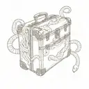 The suitcase is standing sideways, five snakes are swarming out of the zipper, trying to break out. The sketch is only o tattoo design idea