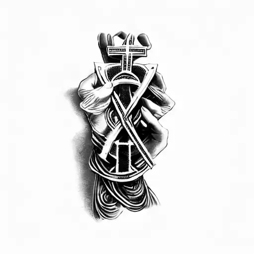 Christian Cross, breast cancer symbol, money, prayer hands tattoo design idea