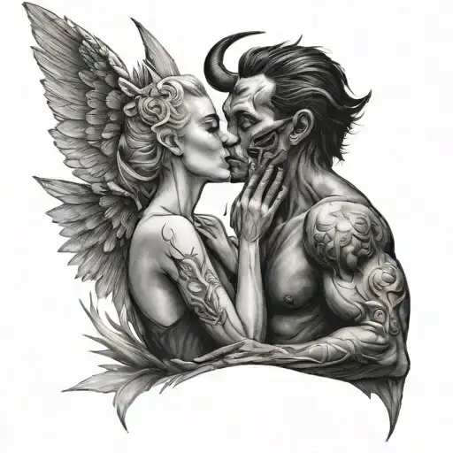 couple tattoo demon and angel kissing in the elevator and tattoo design idea