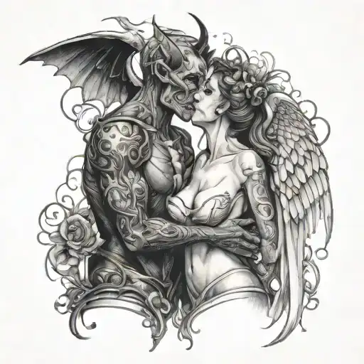 couple tattoo demon and angel kissing in the elevator and tattoo design idea