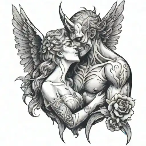 couple tattoo demon and angel kissing tattoo design idea