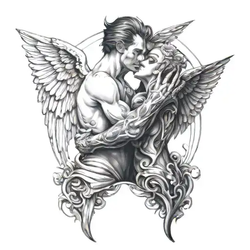 couple tattoo demon and angel kissing in the elevator and tattoo design idea