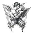 couple tattoo demon and angel kissing in the elevator and tattoo design idea