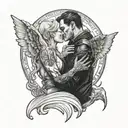 couple tattoo demon and angel kissing in the elevator and tattoo design idea