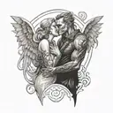 couple tattoo demon and angel kissing in the elevator and tattoo design idea