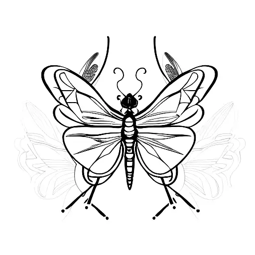 an acustic guitar, a butterfly, a hummingbird, and a dragonfly tattoo design idea