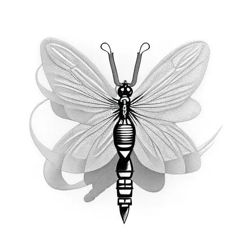 an acustic guitar with a butterfly, a hummingbird, and a dragonfly tattoo design idea