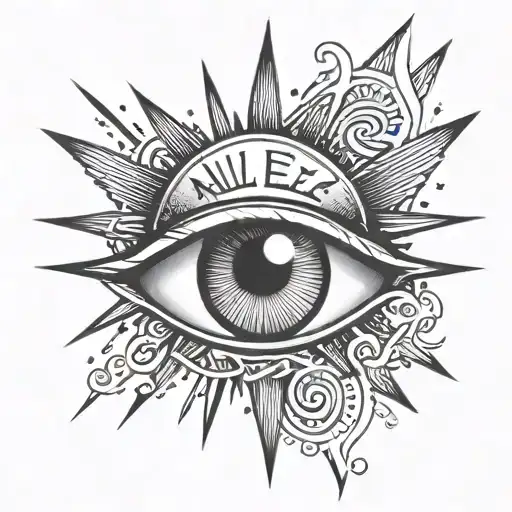 The tattoo features an eye with a heart-shaped pupil, surrounded by sun rays. Underneath it is the text "all eyez on me" tattoo design idea