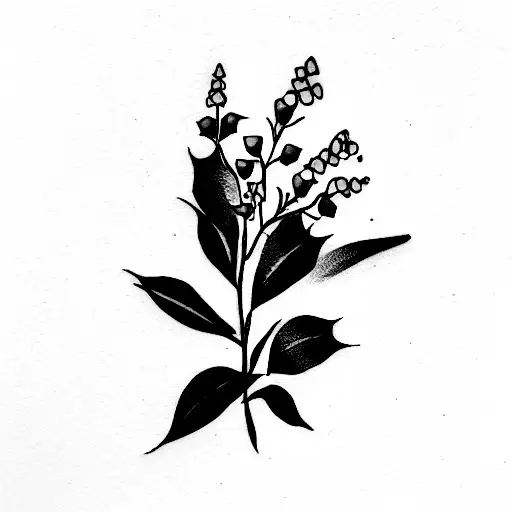 a bouquet of 2 holly berry plants, 1 rose, 1 cosmos and 1 lily of the valley, with some greenery tattoo design idea