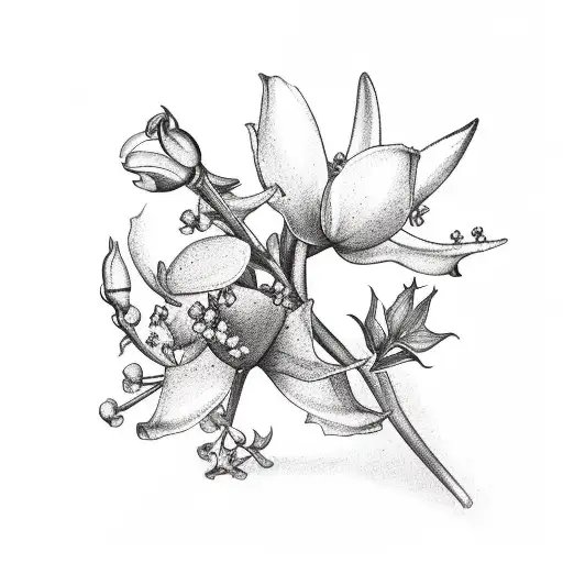 a bouquet of 2 holly berry plants, 1 rose, 1 cosmos and 1 lily of the valley, with some greenery tattoo design idea