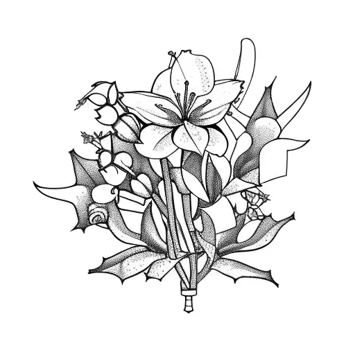 a fine line bouquet of 2 holly berry plants, 1 rose, 1 cosmos and 1 lily of the valley, with some greenery tattoo design idea