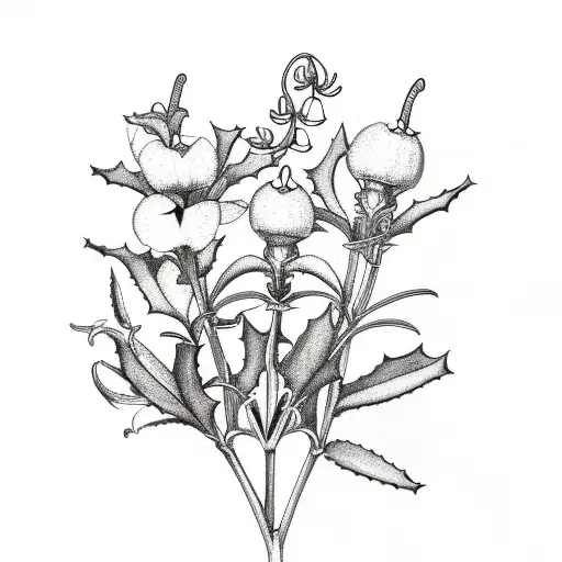 a fine line bouquet of 2 holly berry plants, 1 rose, 1 cosmos and 1 lily of the valley, with some greenery tattoo design idea
