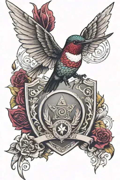 Hummingbird in suit, wave and surfer in eye, Greek helmet, wings, shield with Bordeaux coat of arms, black and white tattoo design idea