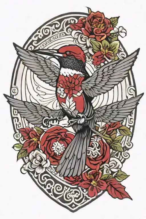 Hummingbird in suit, wave and surfer in eye, Greek helmet, wings, shield with Bordeaux coat of arms, black and white tattoo design idea