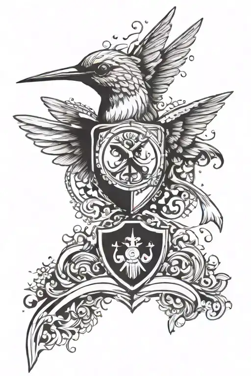 Hummingbird in suit, wave and surfer in eye, Greek helmet, wings, shield with Bordeaux coat of arms, black and white tattoo design idea
