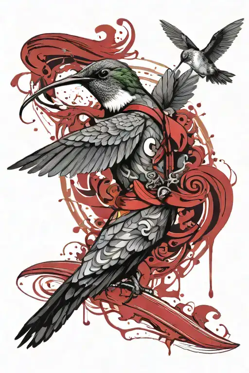 Hummingbird in suit, wave and surfer in eye, Greek helmet, wings, shield with Bordeaux coat of arms, black and white tattoo design idea