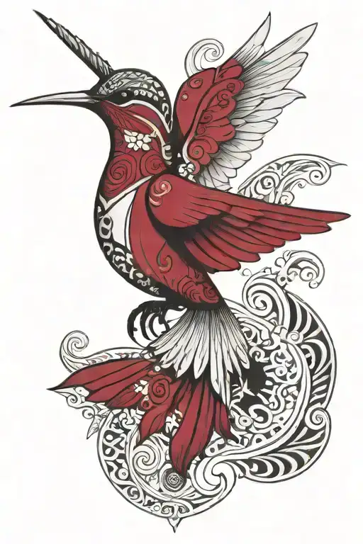 Hummingbird in suit, wave and surfer in eye, Greek helmet, wings, shield with Bordeaux coat of arms, black and white tattoo design idea