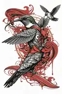 Hummingbird in suit, wave and surfer in eye, Greek helmet, wings, shield with Bordeaux coat of arms, black and white tattoo design idea