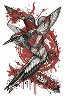 Hummingbird in suit, wave and surfer in eye, Greek helmet, wings, shield with Bordeaux coat of arms, black and white tattoo design idea