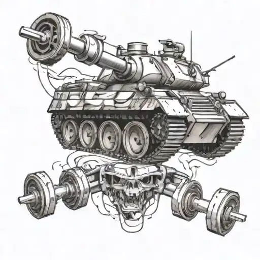 Design a tattoo showcasing a powerful army tank intertwined with barbells and dumbbells tattoo design idea