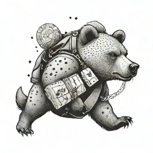 A bear wearing a bulletproof vest and holding a bag of money in one paw tattoo design idea