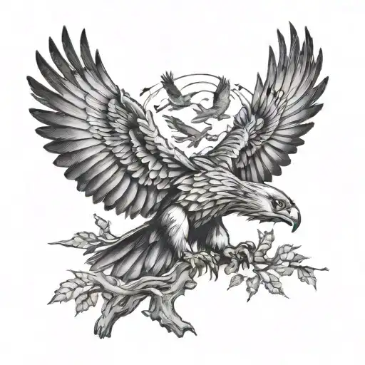 A hawk swooping down to grab money from a tree guarded by a group of aggressive eagles tattoo design idea