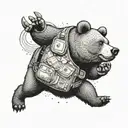 A bear wearing a bulletproof vest and holding a bag of money in one paw tattoo design idea