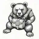 A bear wearing a bulletproof vest and holding a bag of money in one paw tattoo design idea