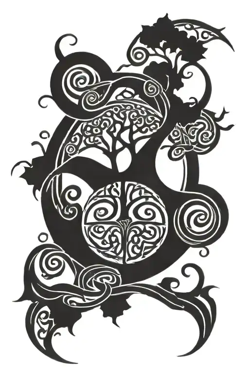 Celtic tree of life curved around black sun  tattoo design idea