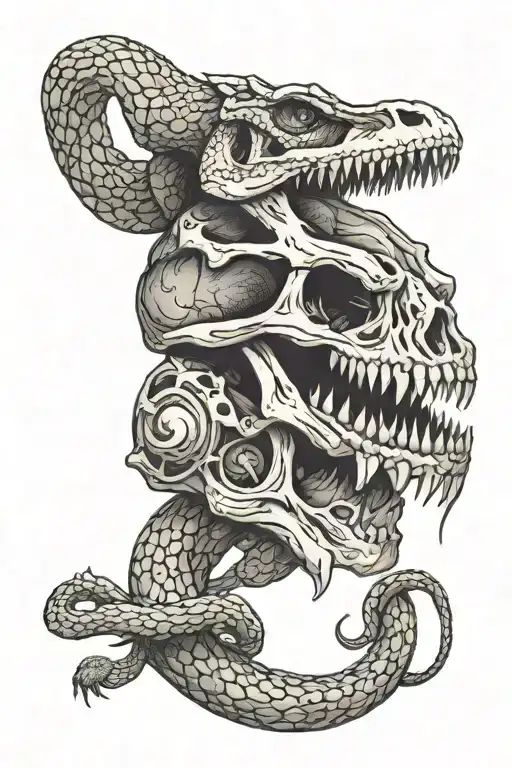 dinosaur skull and snake tattoo design idea