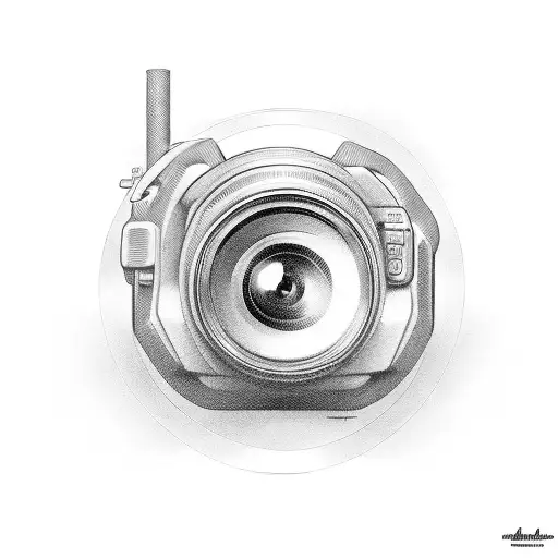 A camera lens intertwined with barbells and dumbbells, symbolizing the fusion of photography and gym tattoo design idea