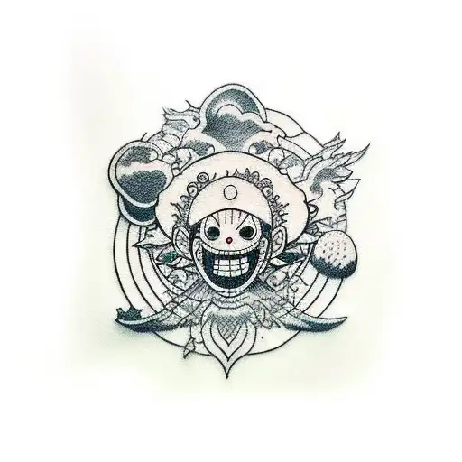 A detailed blackwork tattoo of Luffy from One Piece cooking a delicious meal in a forest setting tattoo design idea