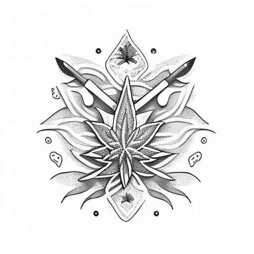 A dotwork tattoo of a chef's knife and a cannabis leaf intertwined, symbolizing the client's love for cooking and weed tattoo design idea