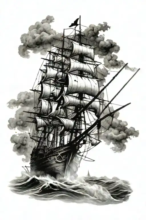 pirate ship with sailors sailing tattoo design idea