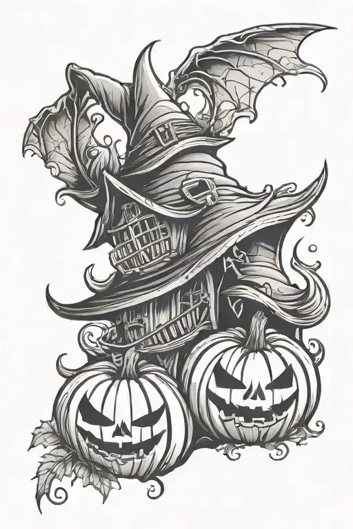 witch  house pumpkin  bats chaudron tattoo design idea