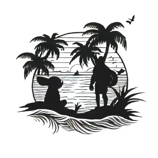 A silhouette of Lilo and Stitch watching the sunset on the beach tattoo design idea