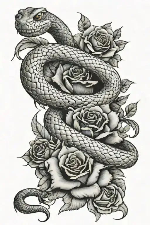 Snake and roses wrapped around name Nazhyri tattoo design idea